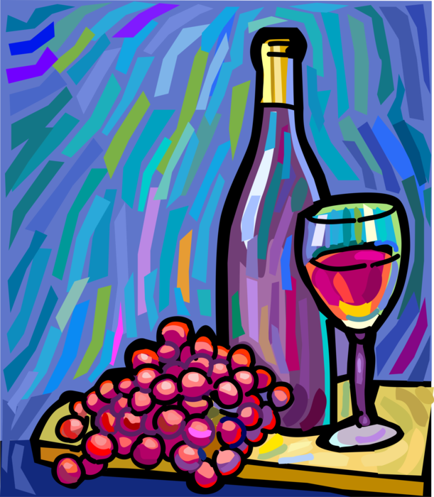Vector Illustration of Wine Bottle Alcohol Beverage, Glass and Fruit Grapes