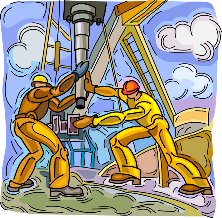Vector Illustration of Oil Derrick Workers Position Movable Boom Drill Over Well Hole