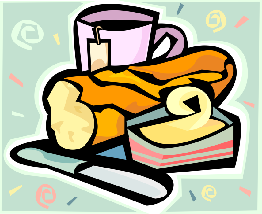Vector Illustration of Fresh Baked Bread and Butter with Cup of Tea