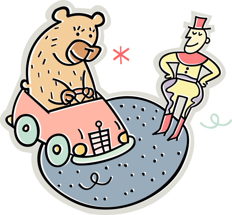 Vector Illustration of Big Top Circus Bear Drives Automobile Car with Ringmaster Master of Ceremonies