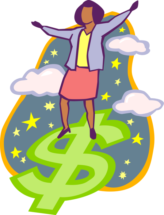 Vector Illustration of Businesswoman Surfer Surfing on Money Dollar Sign