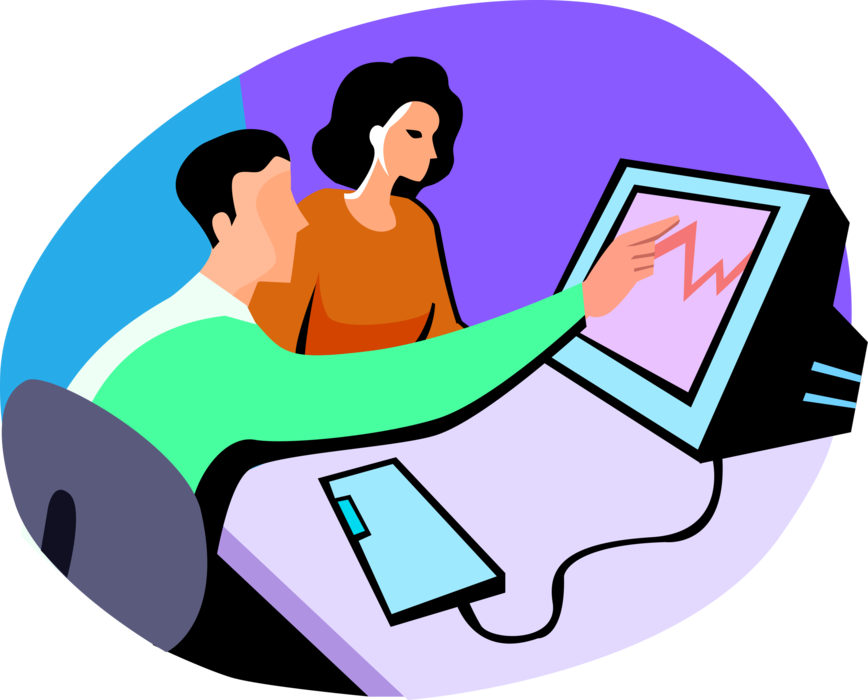 Vector Illustration of Business Colleagues Review Work on Computer