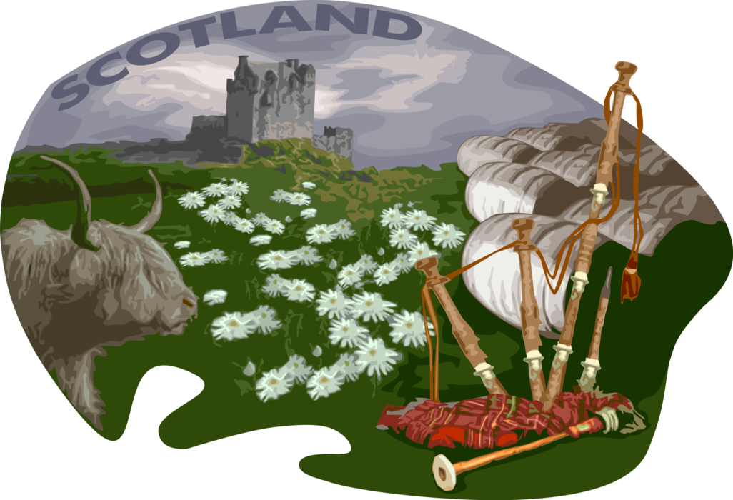 Vector Illustration of Scotland Postcard Design with Castle Ruins, Highland Bagpipes and Scottish Highlands Cow