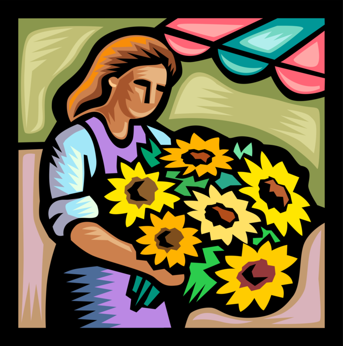 Vector Illustration of Florist with Bouquet of Flowers at Outdoor Retail Flower Stall