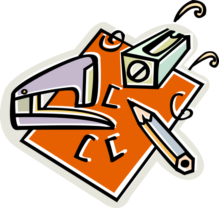 Vector Illustration of Office Stapler, Pencil Writing Instrument, and Pencil Sharpener