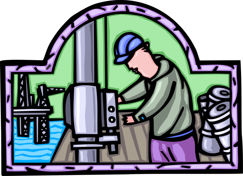 Vector Illustration of Petroleum Industry Energy Worker with Offshore Oil Rig Drilling Platform
