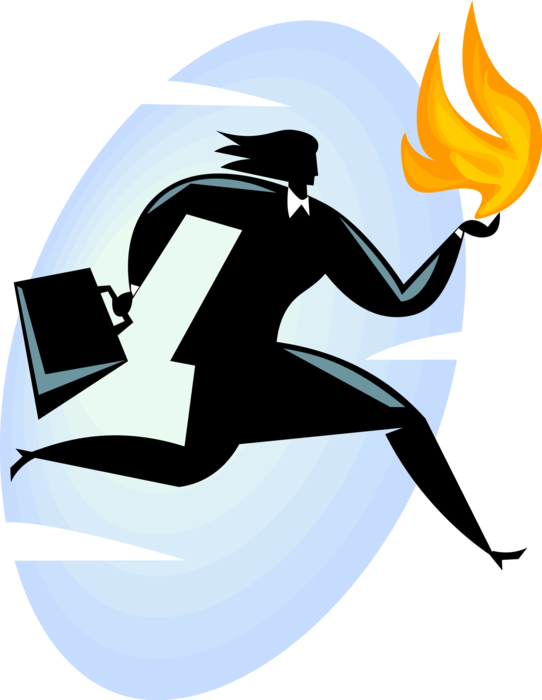 Vector Illustration of Businesswoman Running Holds Fire in Hand