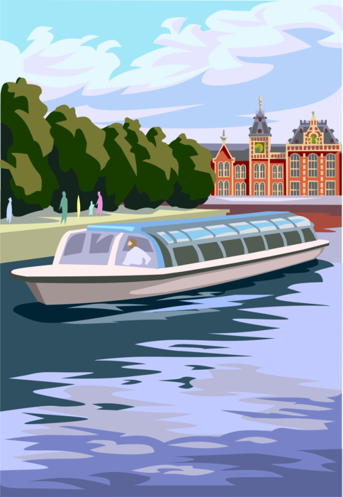 Vector Illustration of Amsterdam Sightseeing Dutch Riverboat in Canal with Central Train Station, Holland, The Netherlands