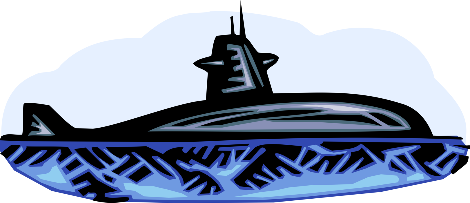 Vector Illustration of Navy Submersible Submarine Armed with Torpedoes or Guided Missiles