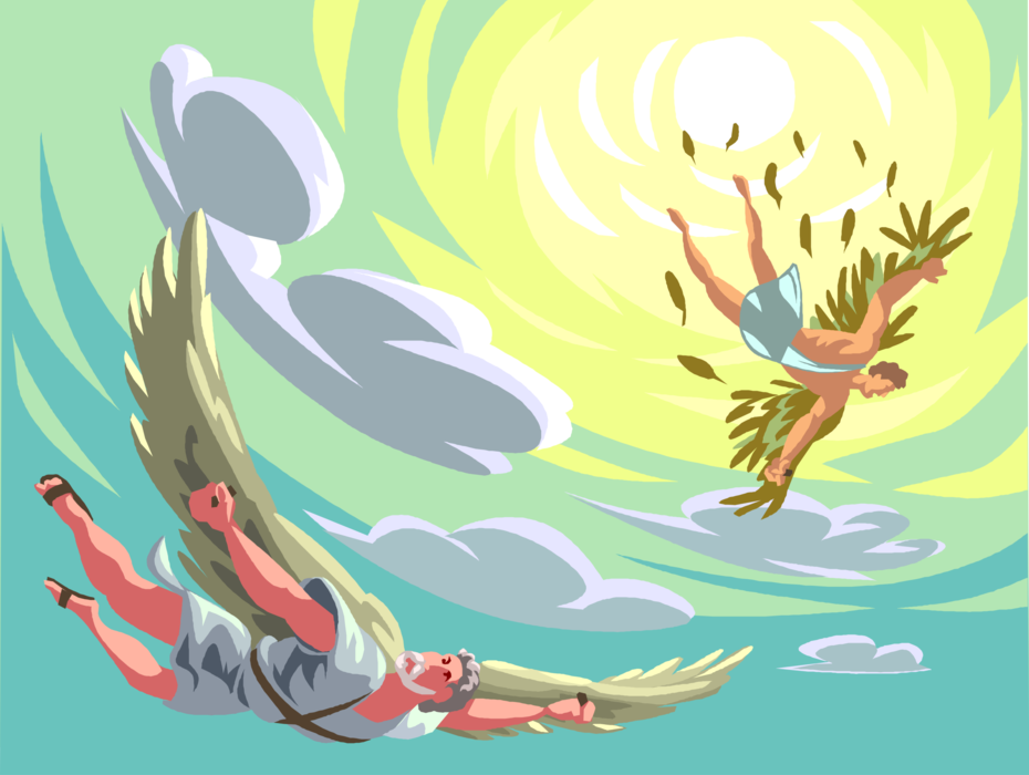 Vector Illustration of Greek Mythology Icarus, Son of Daedalus Flying Too Close to the Sun
