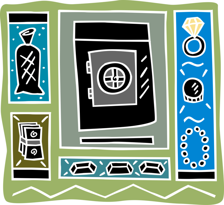 Vector Illustration of Money Vault Safe with Valuable Rings, Necklace and Money