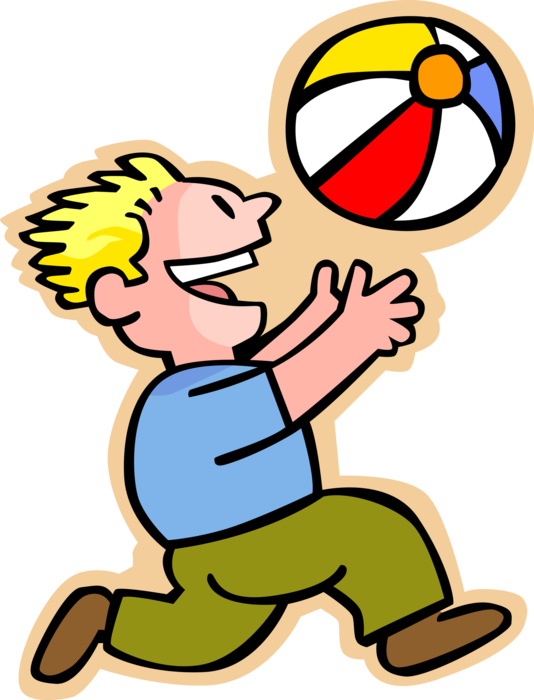 Vector Illustration of Primary or Elementary School Student Boy Plays with Beach Ball