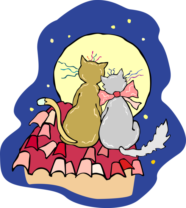 Vector Illustration of Romantic Cats Sit on Tile Roof and Stare at Night Moon