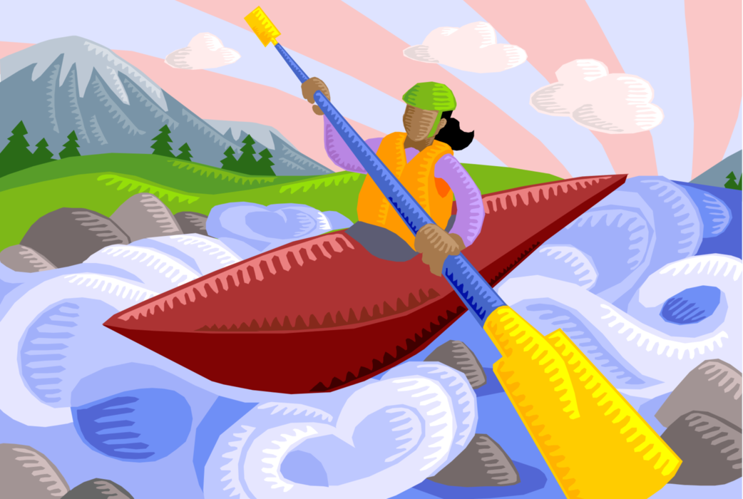 Vector Illustration of Kayaker Kayaking in White Water Rapids Kayak Watercraft with Paddles
