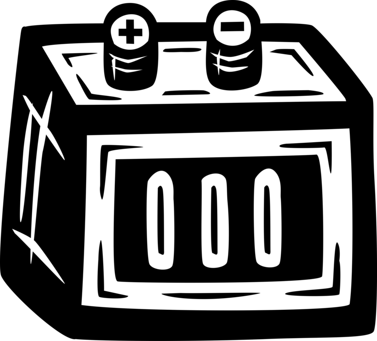 Vector Illustration of 12 Volt Car Battery Energy Source for SLI Starting Engine, Lighting, Ignition