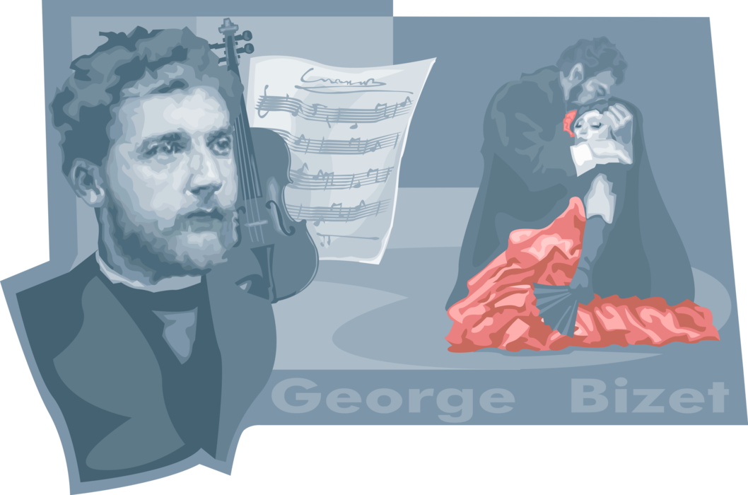 Vector Illustration of George Bizet, French Music Composer of Romantic Era Wrote Carmen