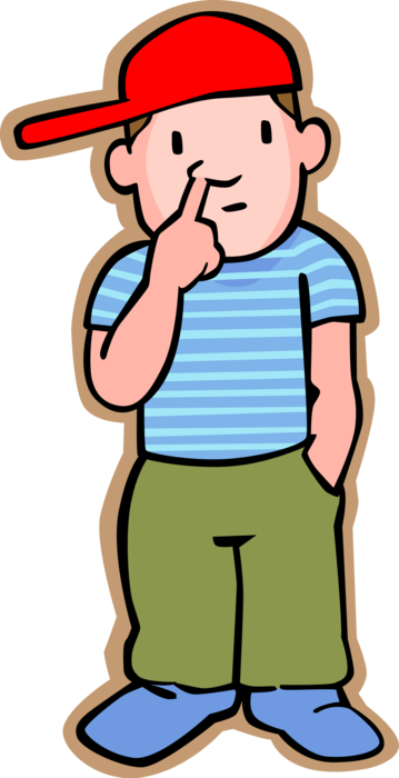 Vector Illustration of Primary or Elementary School Student Boy Picks His Nose with Finger