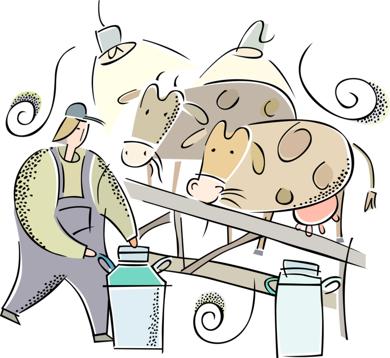 Vector Illustration of Dairy Farmer with Milking Cows in Farm Barn with Milk Cans