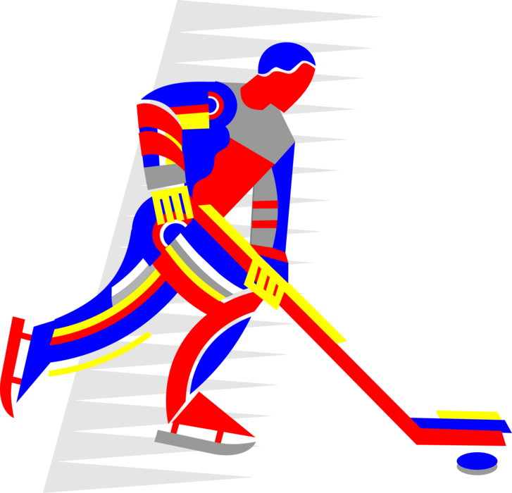 Vector Illustration of Sport of Ice Hockey Player with Stick and Puck Skates Down the Ice Rink