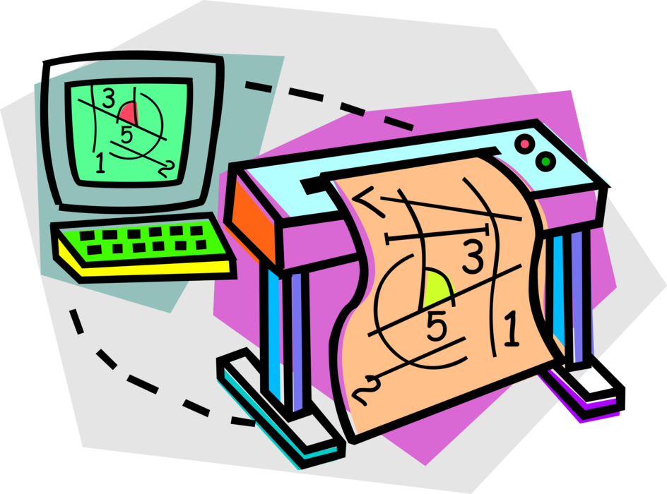 Vector Illustration of Computer Aided Design and Drafting with Printer Printed Output