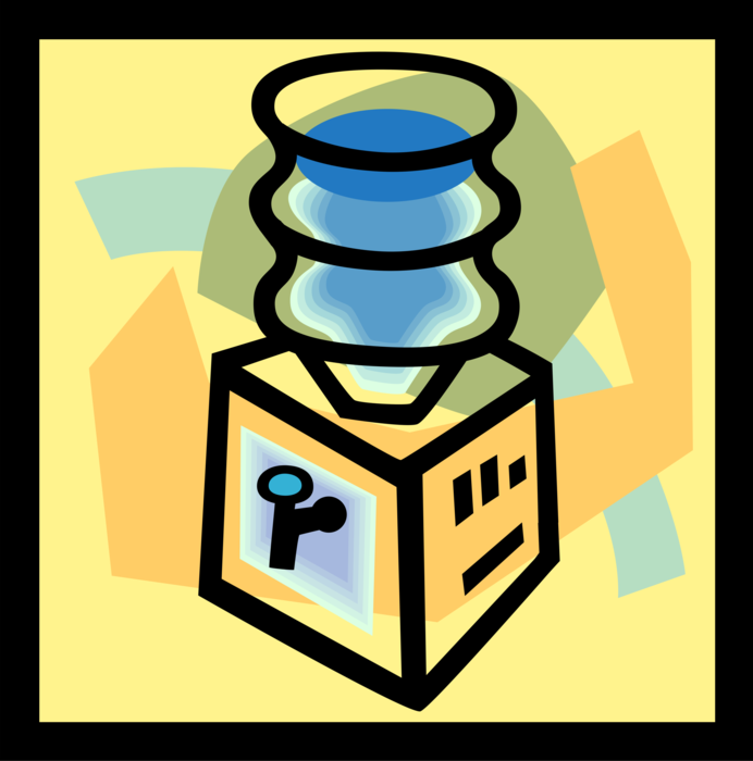 Vector Illustration of Office Water Cooler Dispenses Water with Cups and is Hub for Office Gossip and Conversation