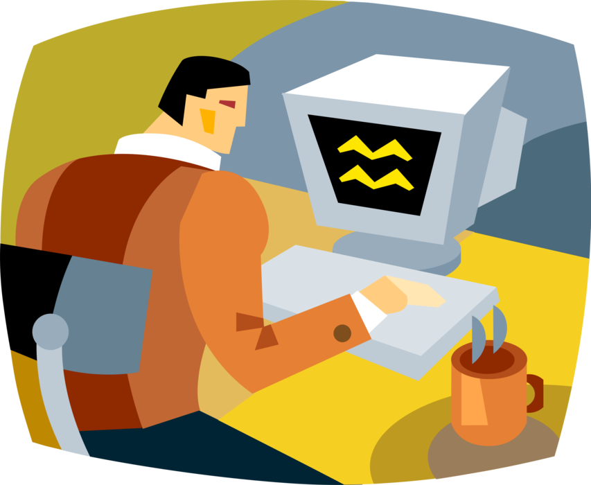 Vector Illustration of Businessman Works at Desk with Computer