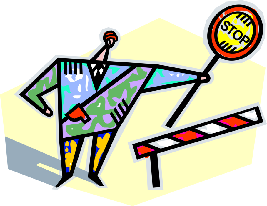 Vector Illustration of Construction Worker with Stop Sign and Caution Road Barrier