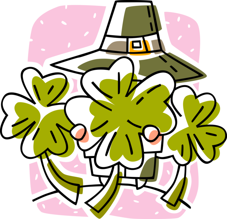 Vector Illustration of St Patrick's Day Leprechaun's Hat with Four-Leaf Clover Lucky Shamrocks