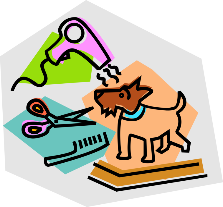 Vector Illustration of Animal Dog Grooming Salon Blow Dryer with Scissors and Combs