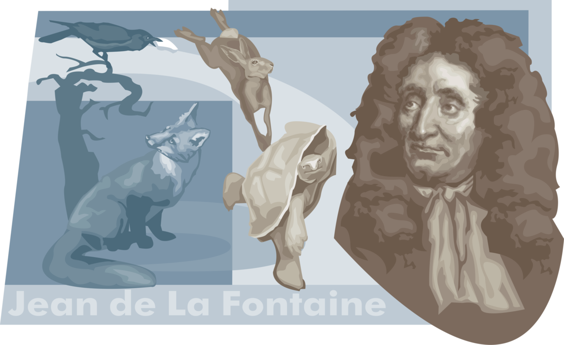 Vector Illustration of Jean De La Fontaine, French Fabulist Wrote Anthropomorphized Fables 