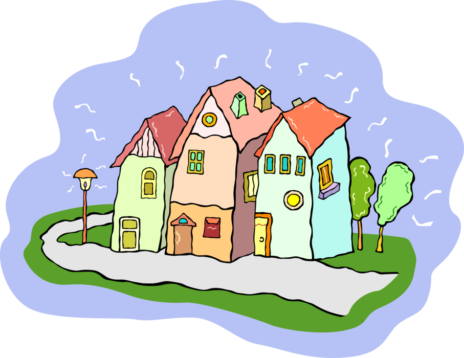 Vector Illustration of Neighborhood Houses on City Street