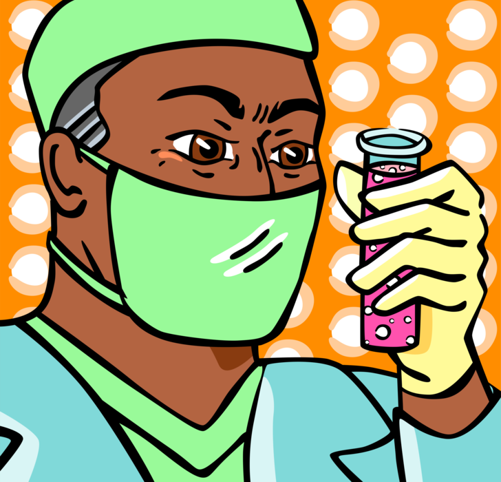 Vector Illustration of Physician in Surgical Mask Examines Test Tube Liquid