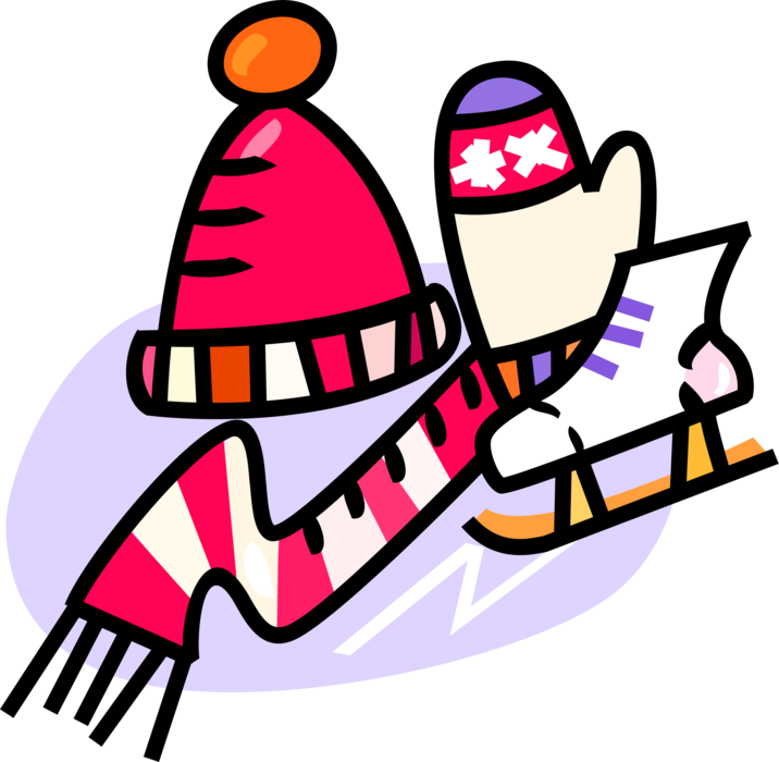 Vector Illustration of Winter Clothing Apparel Hat, Mittens, Scarf, and Figure Skating Ice Skate