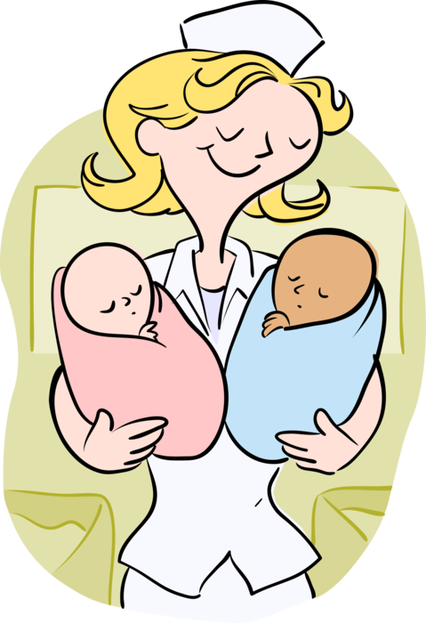 Vector Illustration of Hospital Health Care Nurse with Newborn Infant Babies in Maternity Ward