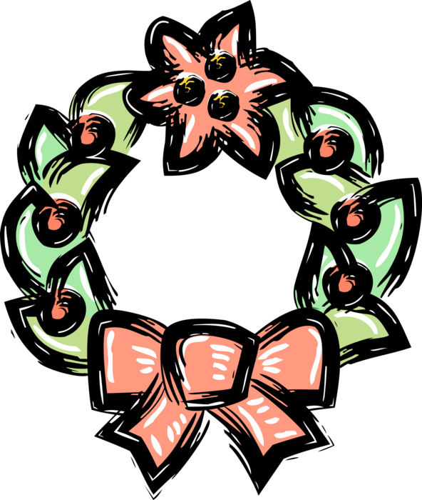 Vector Illustration of Festive Season Christmas Wreath Household Decoration with Ribbon Bow