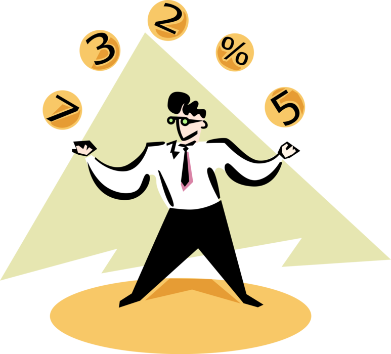 Vector Illustration of Businessman Juggles Financial Results Numbers