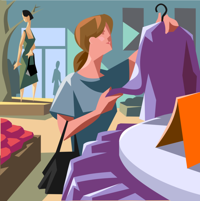 Vector Illustration of Customer Shopping at Retail Clothing Store for Women's Fashion