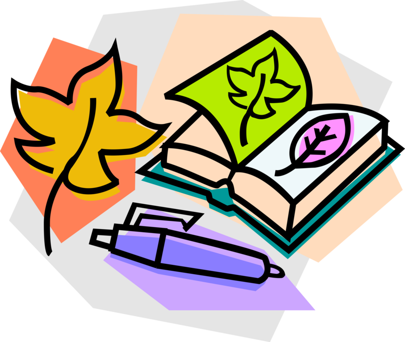 Vector Illustration of School Nature Project Studies Leaf Biology with Textbook and Pen