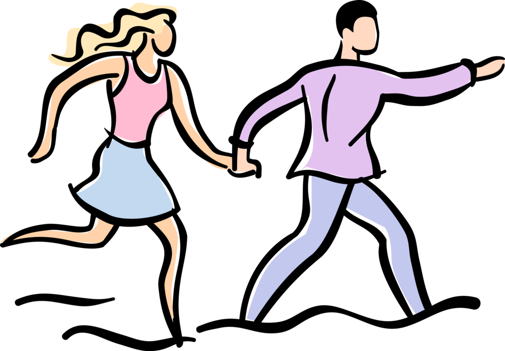 Vector Illustration of Romantic Couple Boyfriend and Girlfriend Running Holding Hands