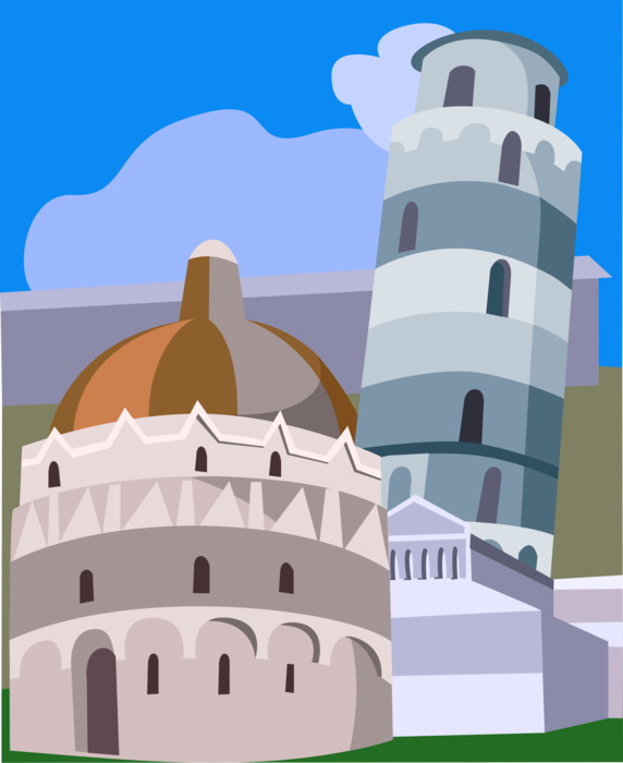 Vector Illustration of Piazza dei Miracoli Baptistery with Leaning Tower of Pisa Ecclesiastical Buildings, Italy