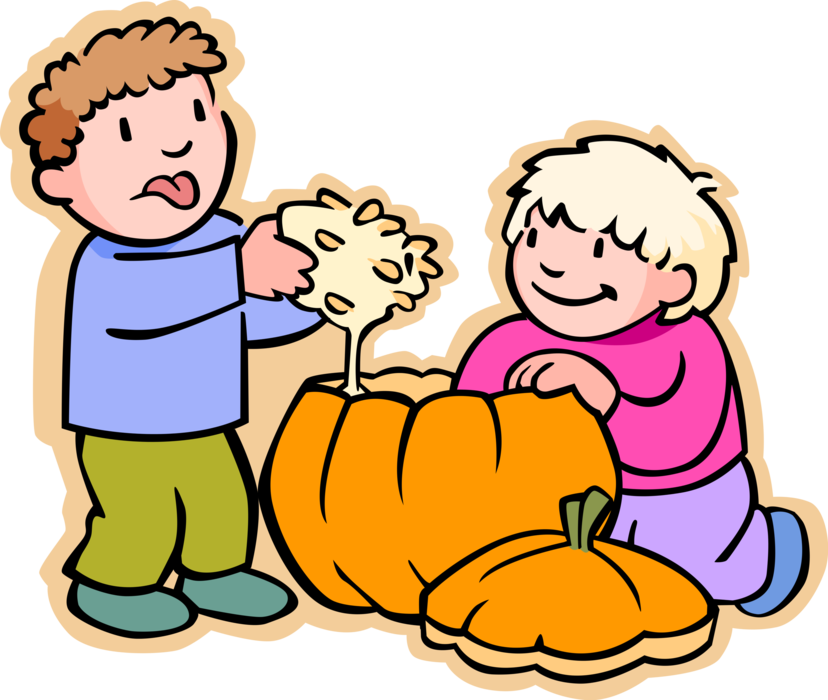 Vector Illustration of Primary or Elementary School Student Boys Carving Halloween Pumpkin