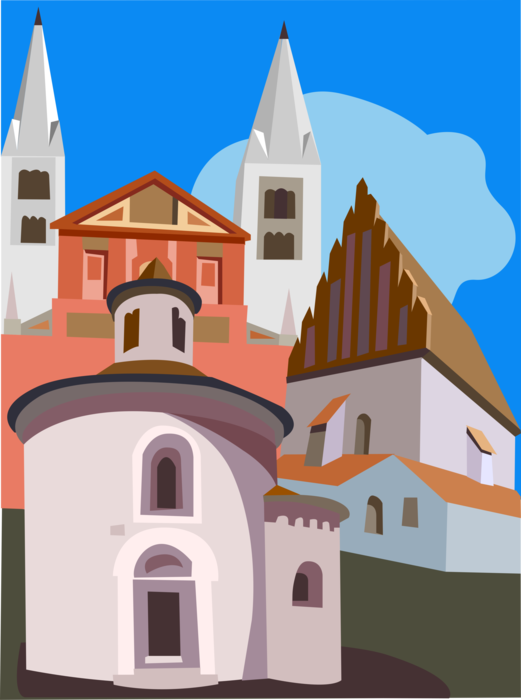 Vector Illustration of St George's Basilica, Oldest Rotunda of St Martin in Vysehrad, Prague, Czech Republic