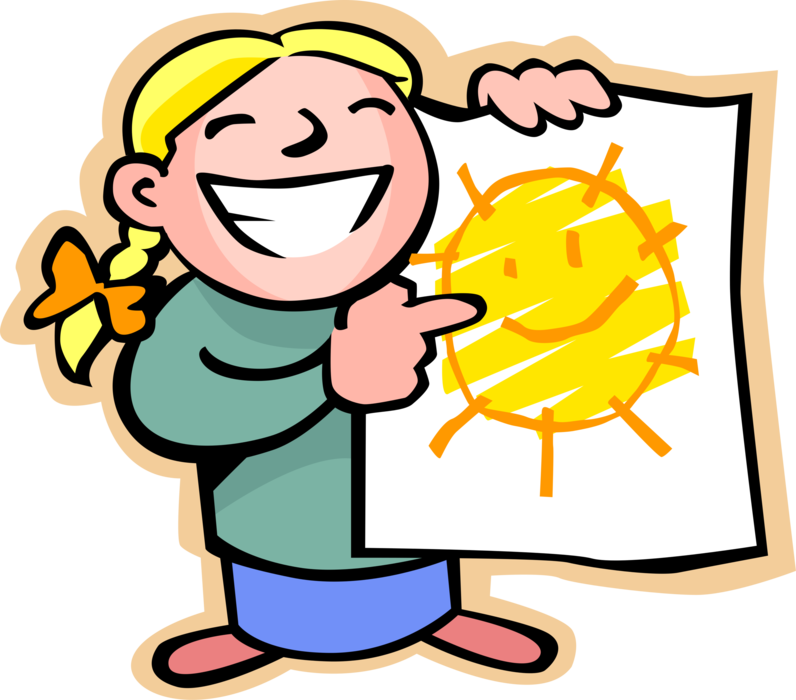 Vector Illustration of Primary or Elementary School Student Girl with Happy Face Sun Drawing