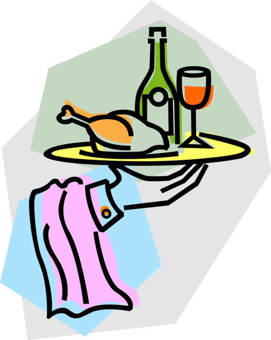 Vector Illustration of Restaurant Maître d'hôtel Waiter Hand Serving Food Poultry Chicken and Wine on Tray