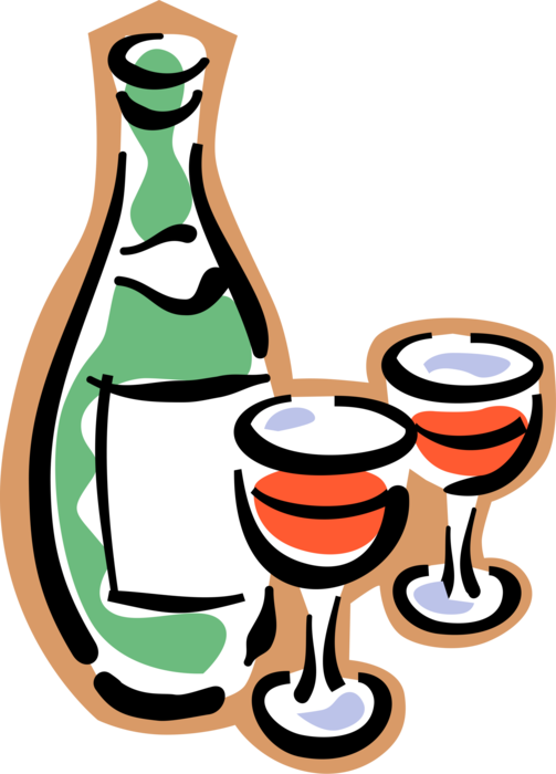 Vector Illustration of Bottle of Red Wine with Two Glasses