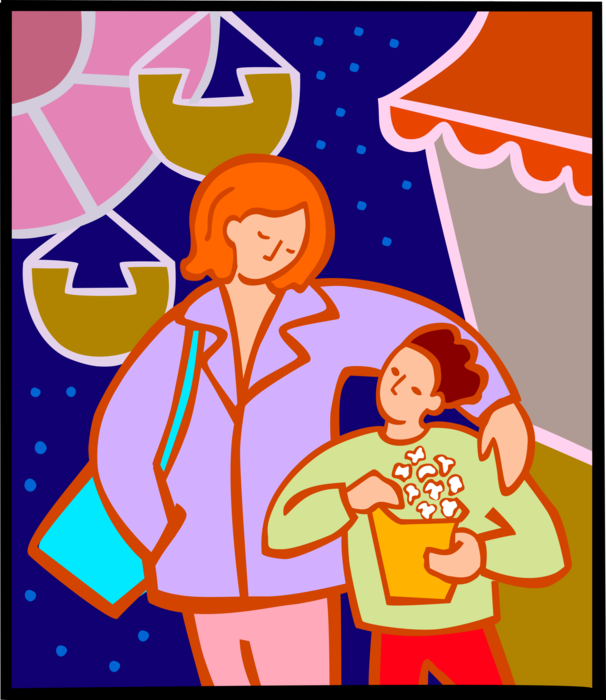 Vector Illustration of Parent Mother with Child Eating Popcorn at Amusement Park Carnival