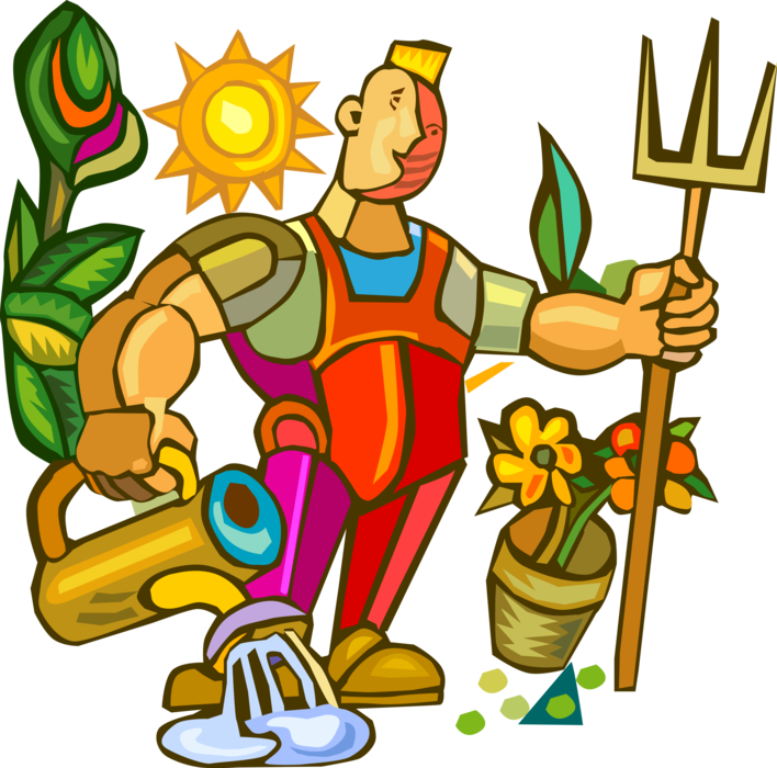 Vector Illustration of Gardener with Watering Can and Pitchfork does Lawn and Garden Yard Work