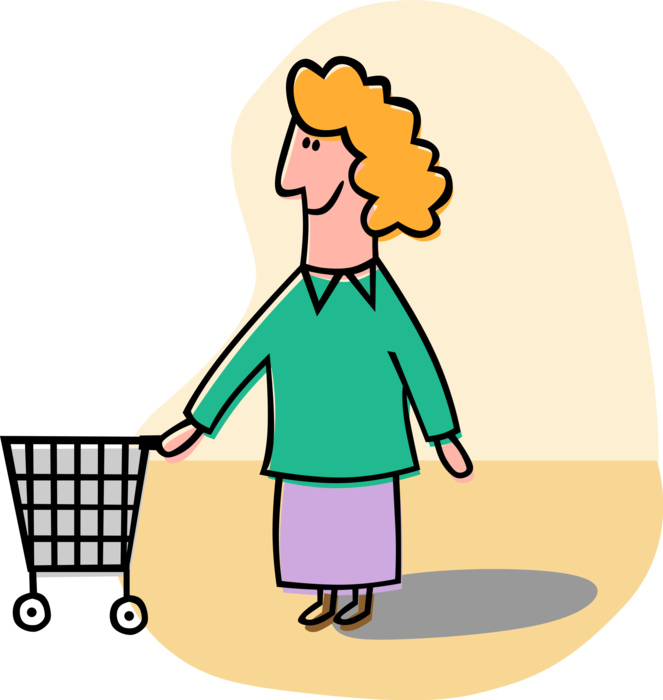 Vector Illustration of Grocery Shopper with Shopping Cart in Supermarket