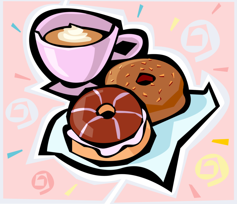 Vector Illustration of Cappuccino Coffee and Fried Dough Donuts or Doughnuts