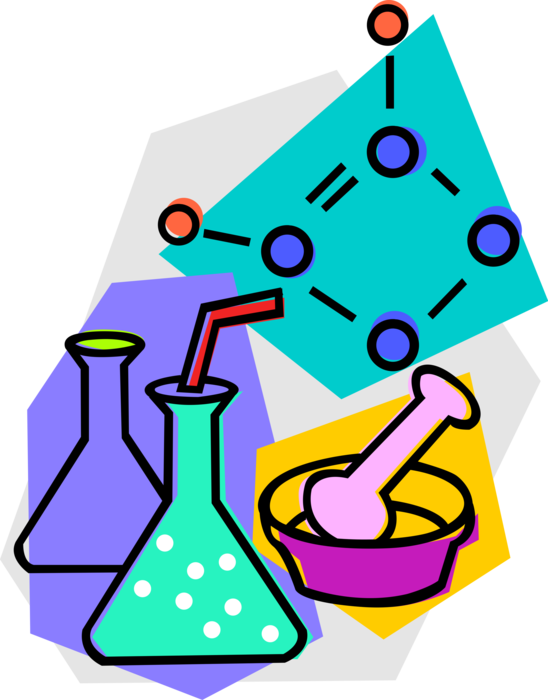 Vector Illustration of Chemistry Class Glassware Flasks with Chemical Bonds and Mortar and Pestle